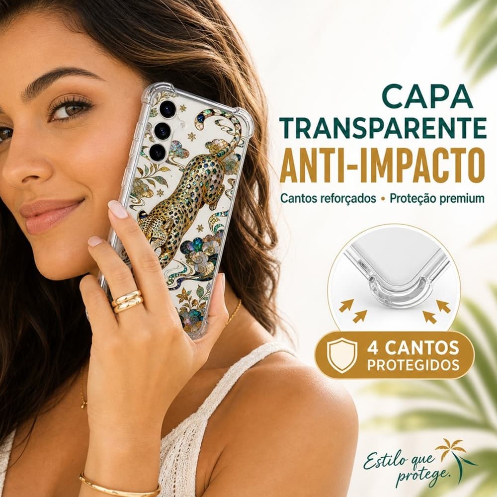 Capinha Transparente Anti‑Queda Onça Vitral Madrepérola Cantos Reforçados para iPhone e Samsung