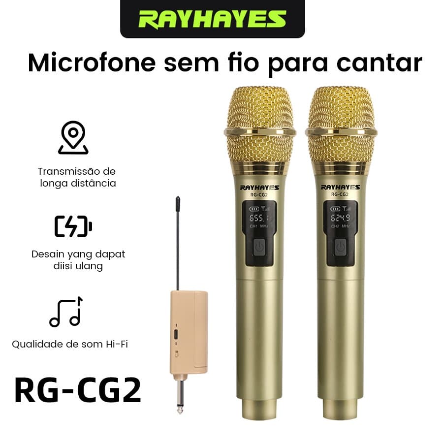 RAYHAYES RG-CG2  Microfones Sem Fio Recarregáveis Áudio Hi-Fi Redução Ruído  Diversão Familiar e Karaokê