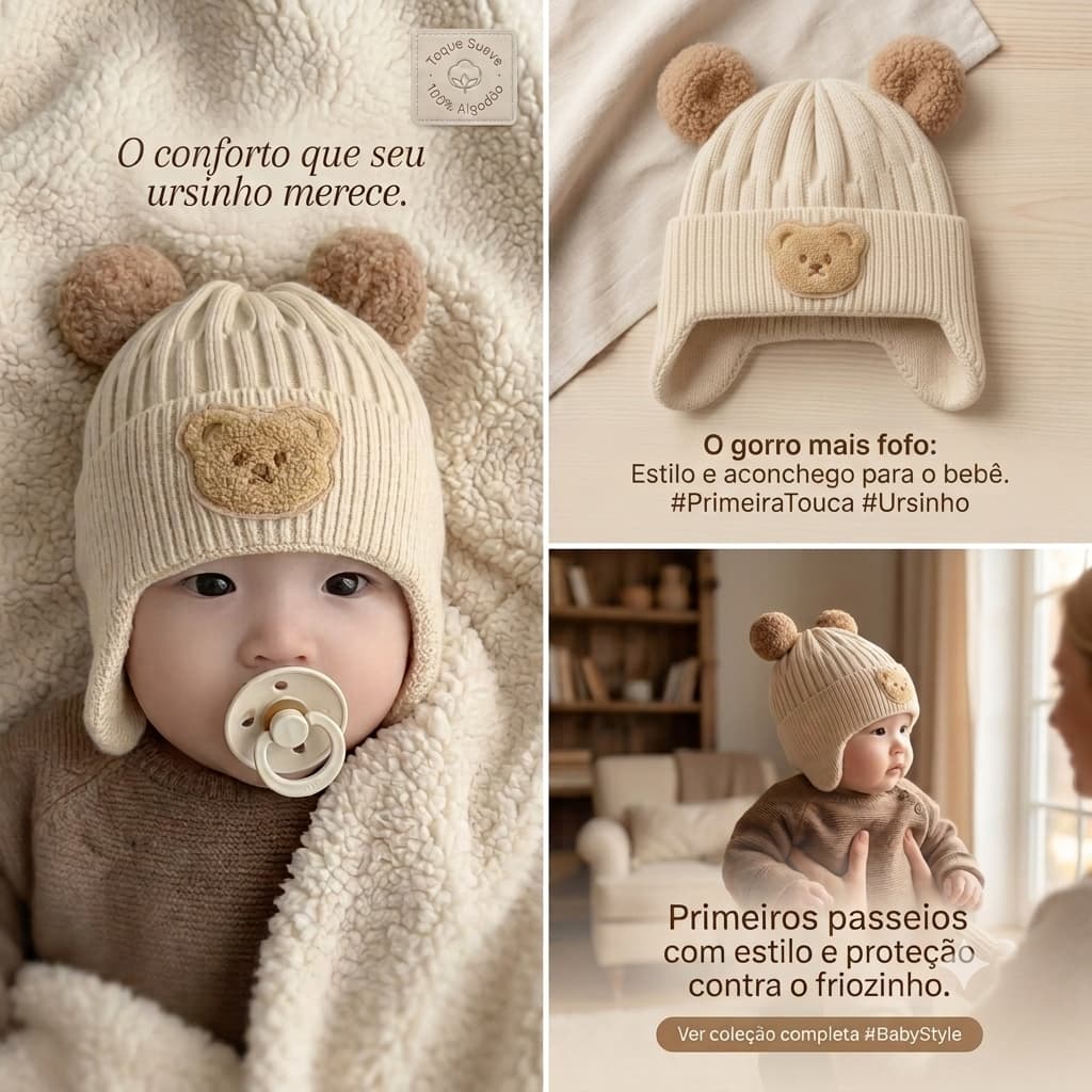 Touca Gorro de lã forrada para bebês ursinho bege marrom para frio inverno proteção orelhas