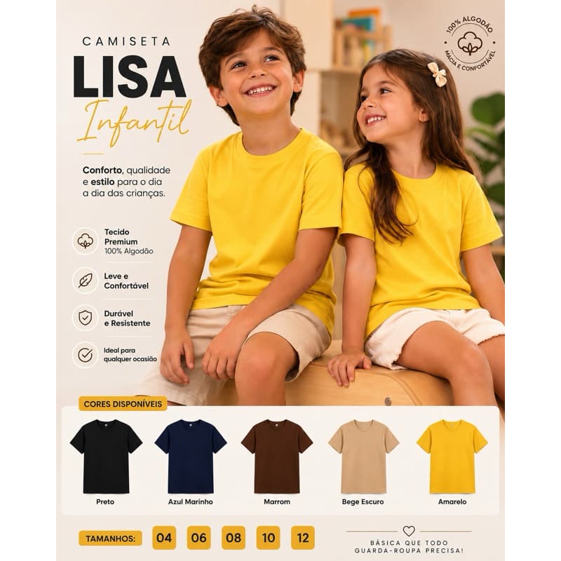 Camiseta Infantil Lisa 100% Algodão Unissex Básica Menino Menina Moda Blusa Blusinha Roupa Feminina Masculina