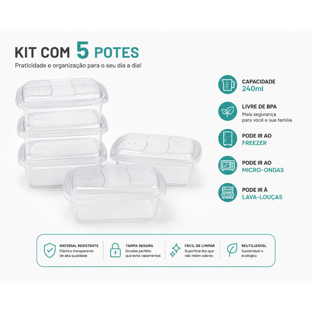 Kit Potes Marmitas Fitness 240ml Livre de BPA Transpa  Organizador Alimentos fitness marmita