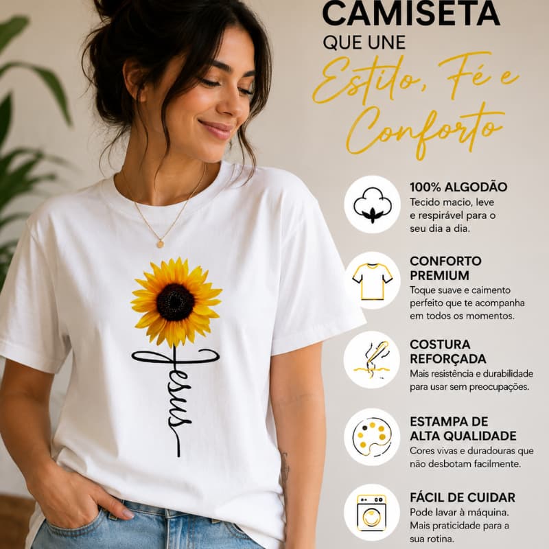 Camiseta Feminina 100% Algodão Estampa Girassol Jesus Envio Ja