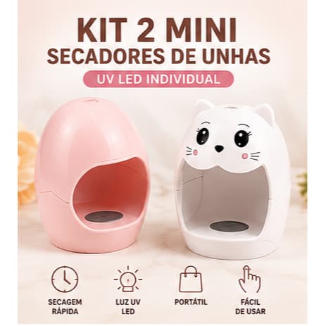 Kit 2 Mini Secador UV LED Unhas Gel USB Portátil Gatinho Branco Ovo Rosa Secagem Rápida