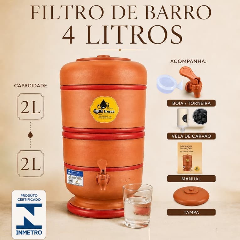FILTRO de barro 4 LITROS / PURIFICADOR DE ÁGUA (acessórios e selo INMETRO)