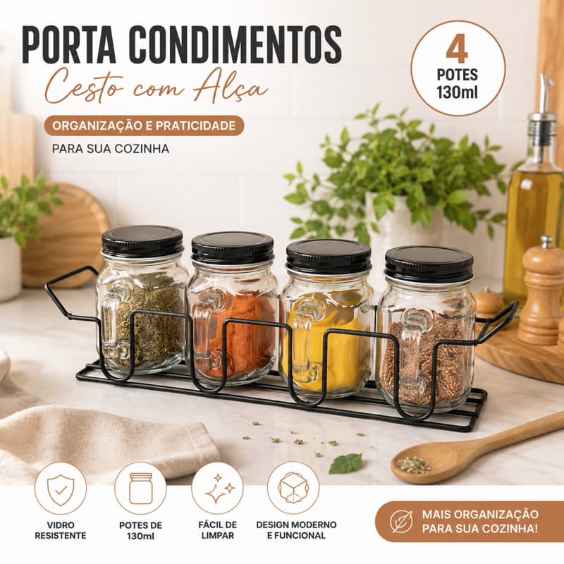 Conjunto Porta Condimentos de vidro com cesto 4 Pecas - 130ml