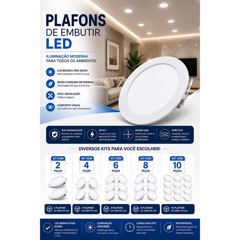 KITS DE PLAFON REDONDO LED EMBUTIR BRANCO FRIO 18W MAYLER PAINEL LED DE EMBUTIR 6000K