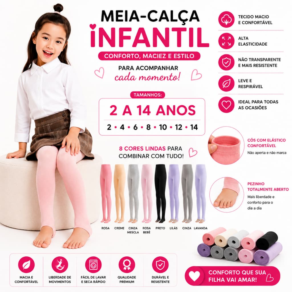 Meia-Calça Infantil Lisa Menina Elástica Confortável Resistente Macia Alta Elasticidade 2 a 14 Anos