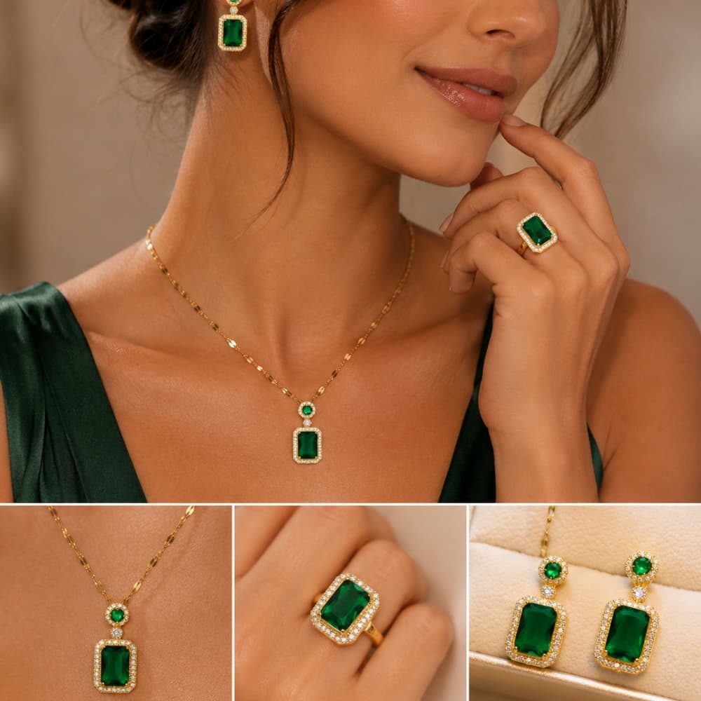 Kit Colar, Brinco e Anel Feminino Luxo Dourado com Pedra Verde Cristal Elegante