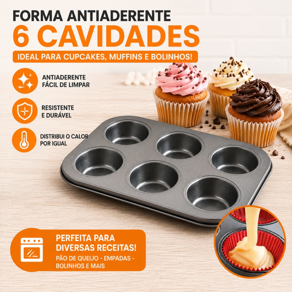 Forma para Cupcake Antiaderente 6 Cavidades em Aço Carbono com Revestimento Teflon para Muffins e Bolinhos