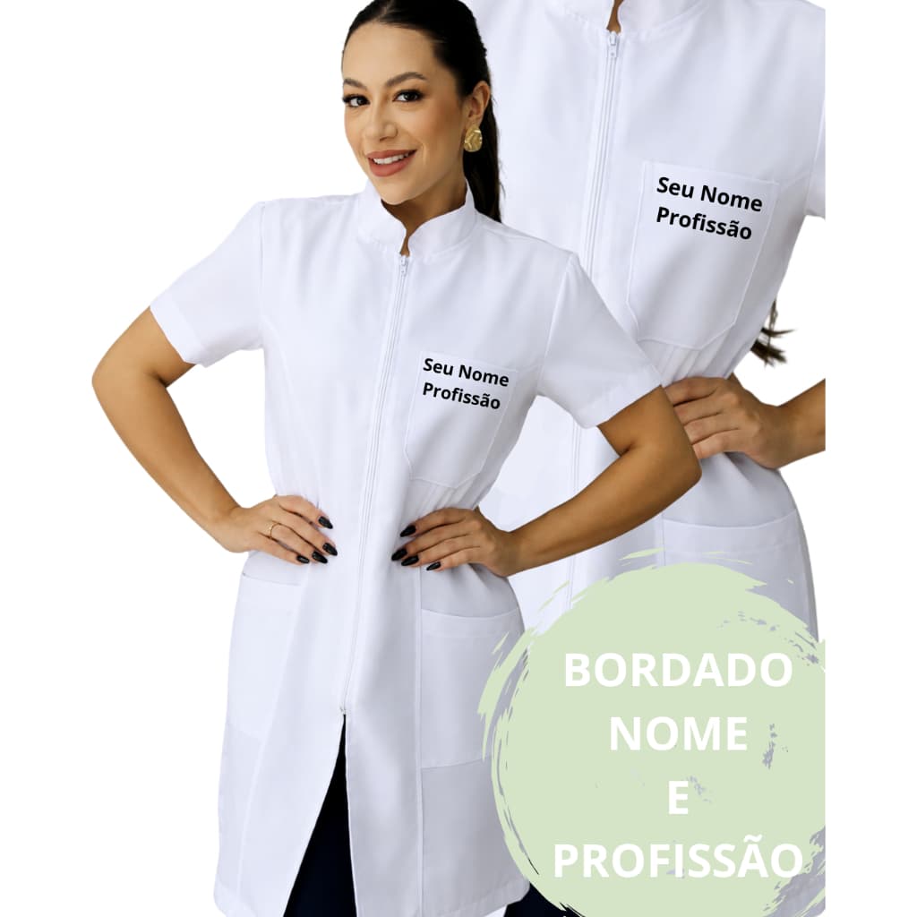 Jaleco Feminino Oxford Ziper, Manga Curta, Acinturado, Colorido + BORDADO SEU NOME E PROFISSÃO