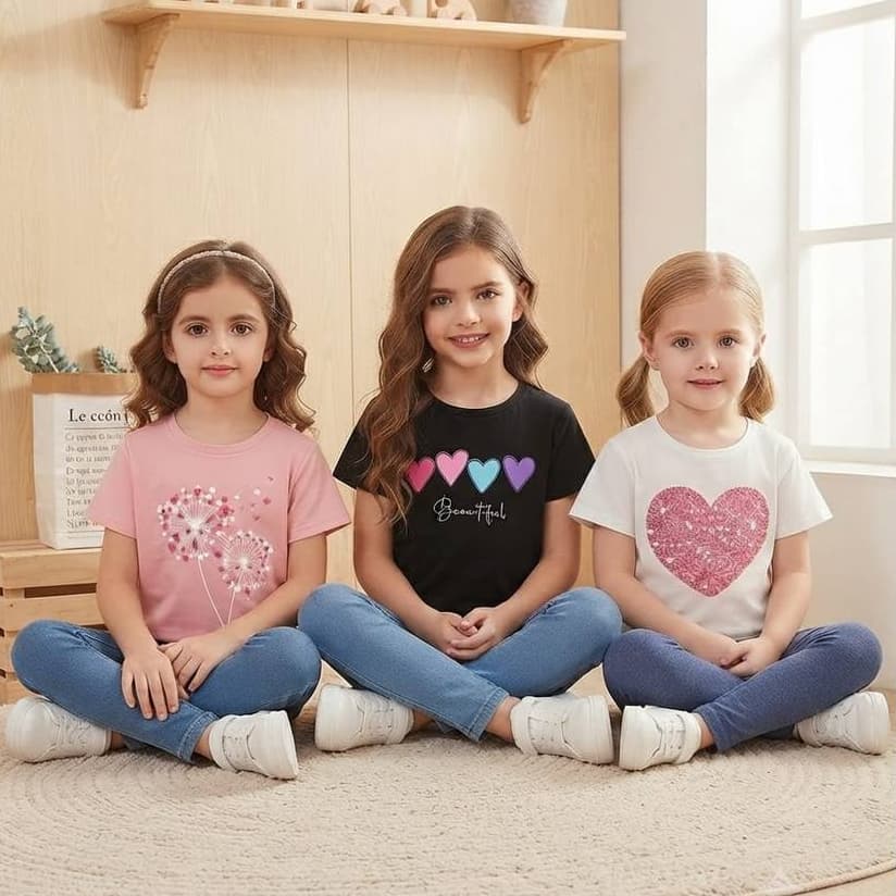 Kit 3 Camiseta Infantil Feminina Coração Colorido Dente De Leão Blusa Moda 100% Algodão