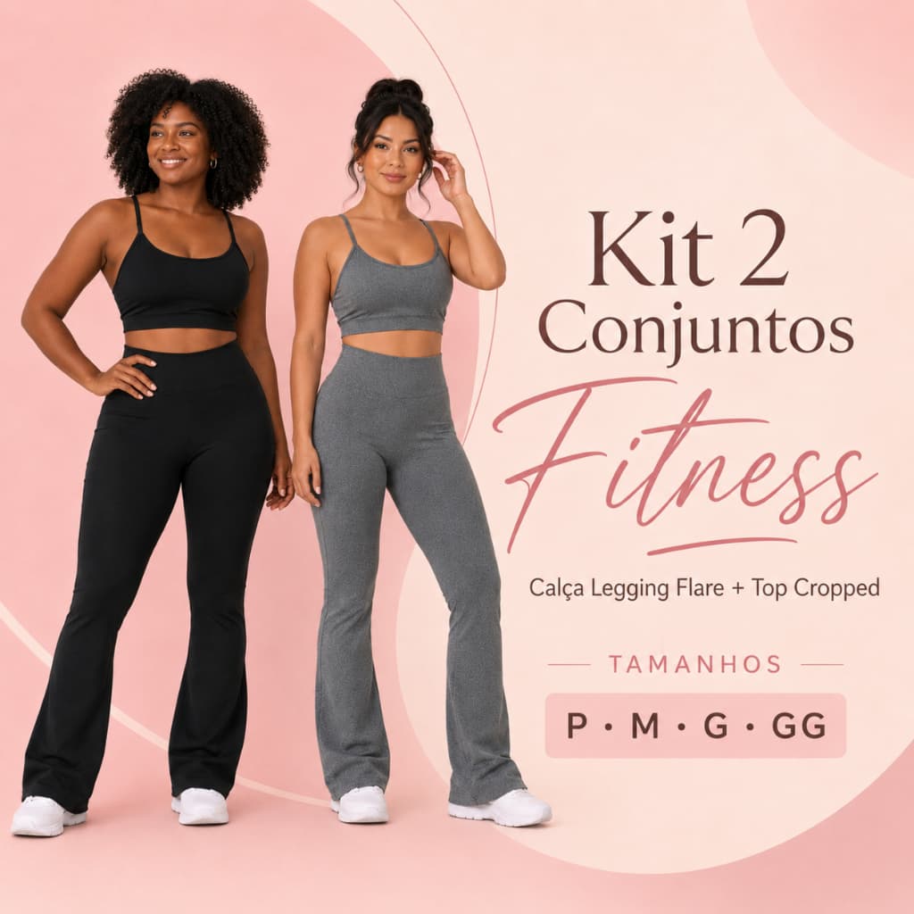 Kit 2 Conjuntos Fitness Calças Legging Flare Bailarina e Top Feminino Treino Perfeito De Academia