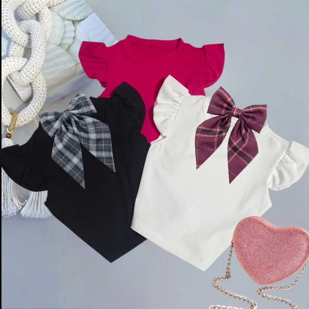 kit 3 blusas infantil e juvenil feminina manga princesa tecido canelado,cores variados