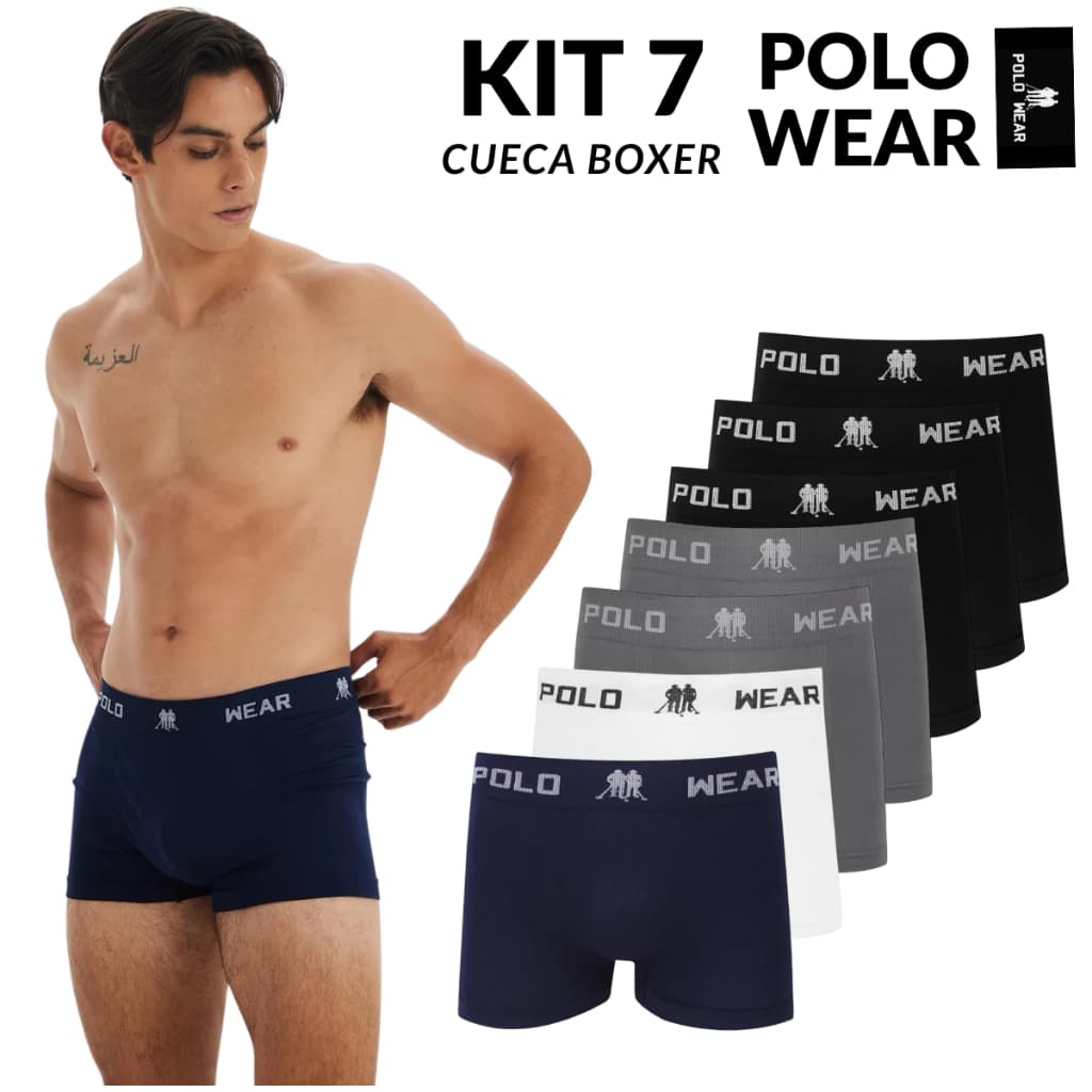 Kit 7 Cuecas Boxer Polo Wear Microfibra Sem Costura Confortável Cores Sortidas Algodão Com Elastano