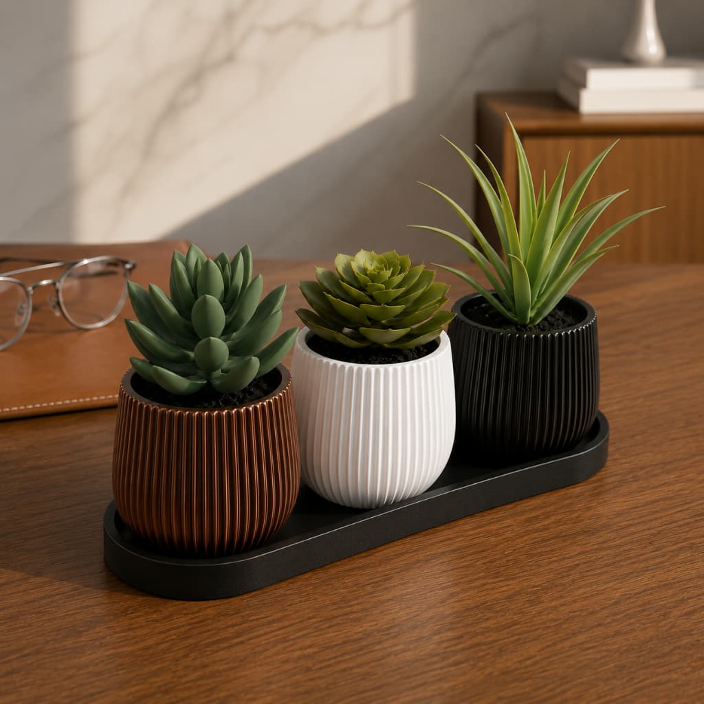 Kit 3 Vasos Decorativos com Bandeja para Suculentas Cactos Cachepot Moderno Minimalista Decoração Mesa