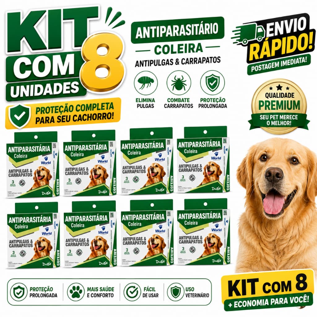 Coleira Antipulgas e carrapatos p/Cães com 8 unidades com 56cm Ajustável Original - ENVIO IMEDIATO