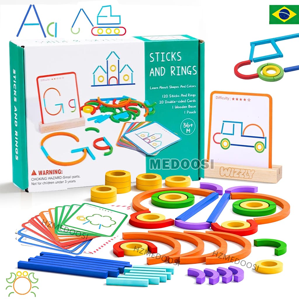 Kit Montessori Madeira Palitos e Anéis - Desenvolvimento Cognitivo, Formas e Cores, Jogo Pedagógico Infantil 3+ Anos