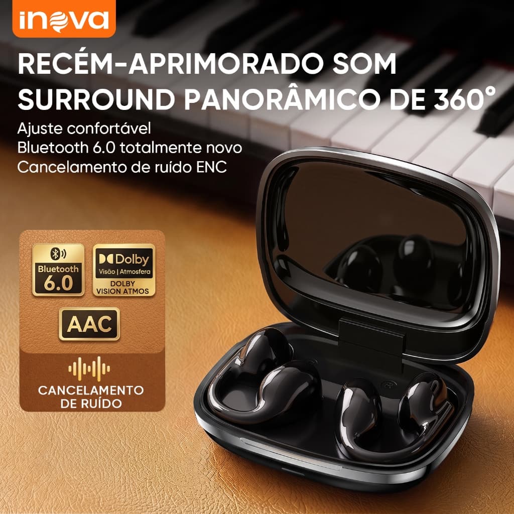 INOVA Fones Open Ear Sem Fio Bluetooth 6.0 com Microfone, Autonomia Prolongada para Esportes