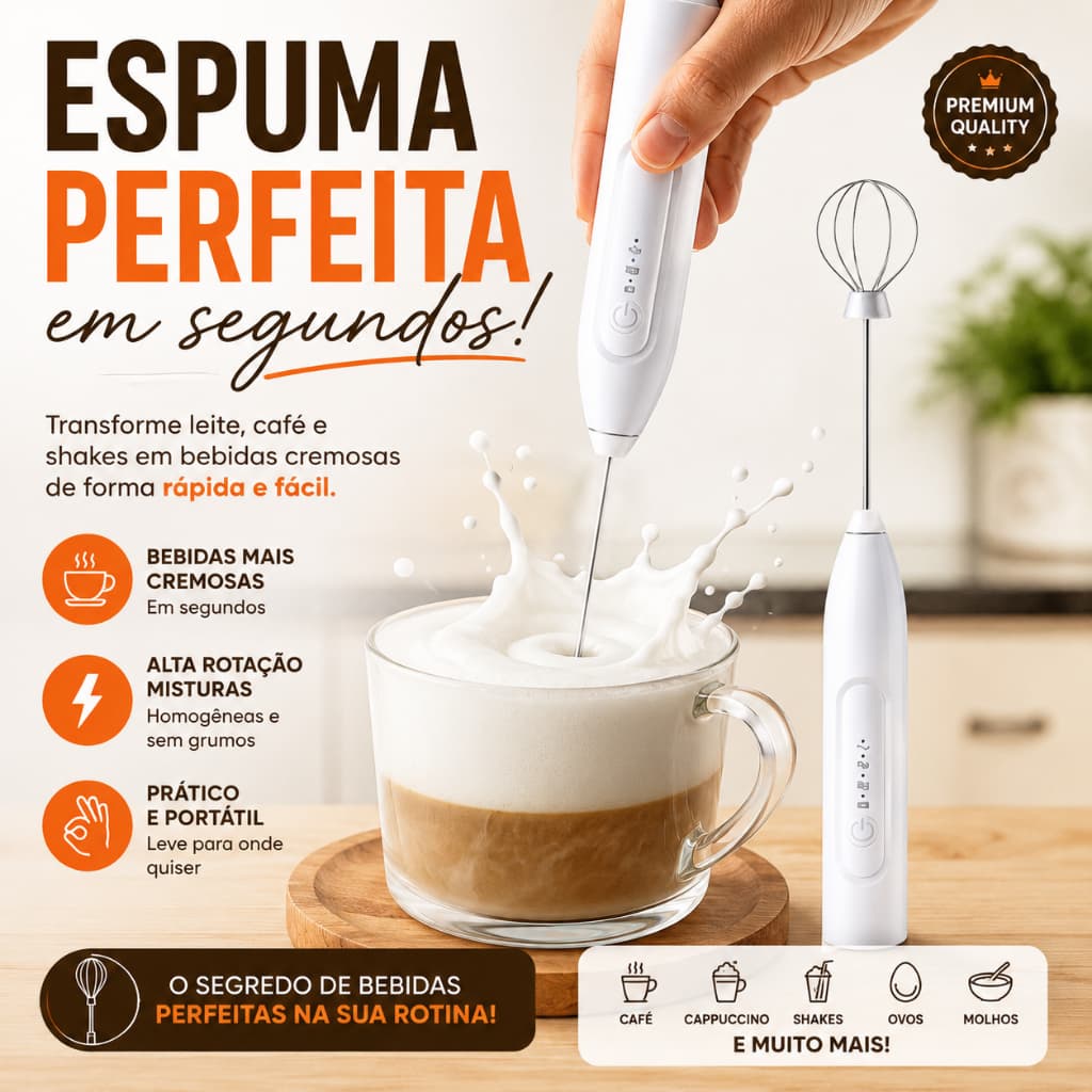 Mini Mixer Elétrico Portátil Batedor de Leite Espumador Café Cappuccino Shake Drinks com Fuê Inox Premium