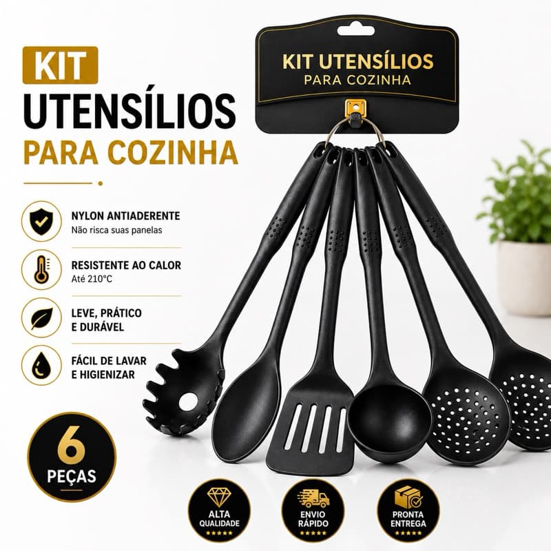Kit Utensílios de Cozinha 6 Peças Nylon Antiaderente Espátula Concha Colheres Escumadeira Pegador