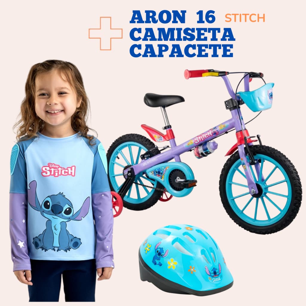 Kit Infantil Stitch e Spider Man Camiseta de Proteção+Capacete Infantil+Bicicleta Aro-12+Segurança e Conforto