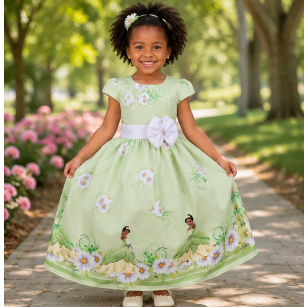 VESTIDO INFANTIL TIANA, PRINCESA E O SAPO LUXO VERDE TEMÁTICO