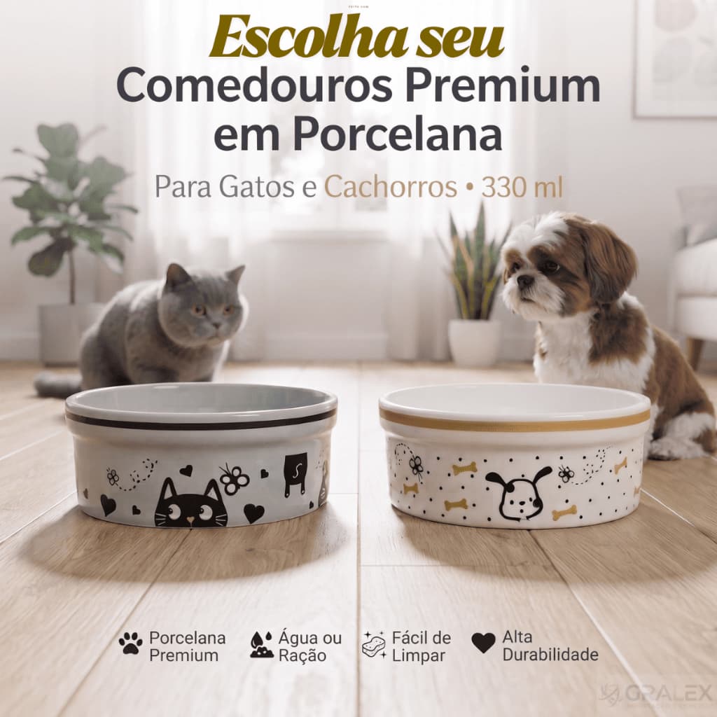 Comedouro Bebedouro Pet Porcelana Premium 330ml Gato Cachorro Kit 2 Escolha a Variação Água e Ração 12,5cm