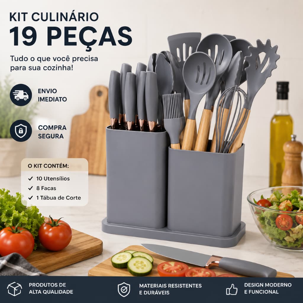 Kit 19 Utensílios Cozinha Silicone Cabo Madeira, Lindo, +  uma Tabua de corte