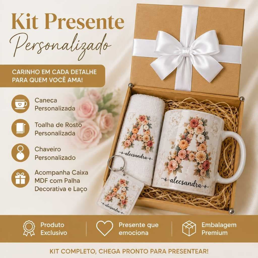 Kit Presente Xícara ,Toalha e chaveiro com inicial e nome (caixa MDF com fita e palha decorativa) enviar o nome no chat!