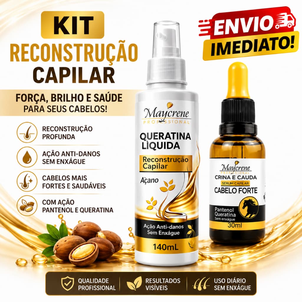 KIT 1 Queratina Líquida 1 Crina e Cauda Reconstrução Capilar Cabelos Danificados Nunca Mais