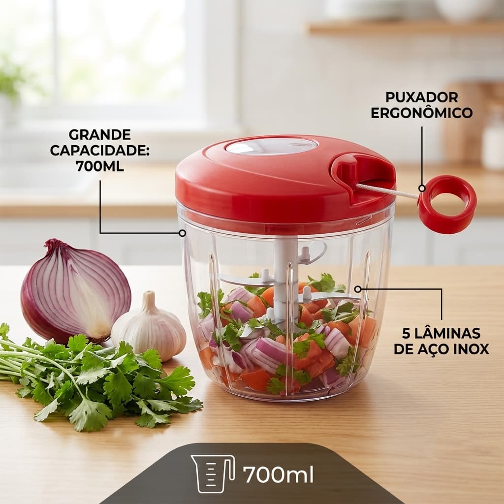 Mini Triturador Manual Portátil Cortador Compacto 170ml a 700ml Lâminas Inox Praticidade Lâminas Resistentes
