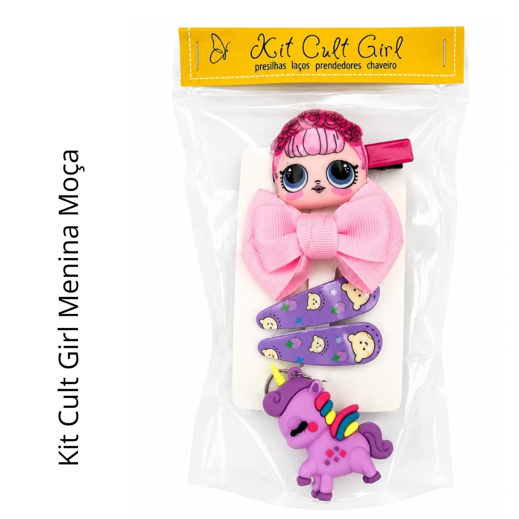 Kit Cult Girl Infantil 6 Peças Laços, Presilhas e Chaveiro Unicórnio - Combina com diversos penteados e ocasiões