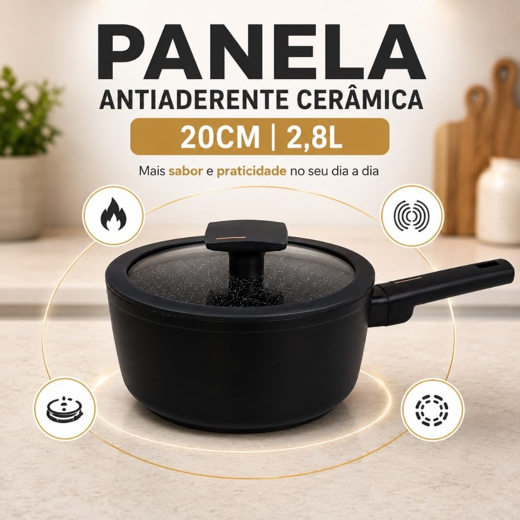 Panela Antiaderente Cerâmica 20cm 2,8L para Indução com Tampa de Vidro Preta