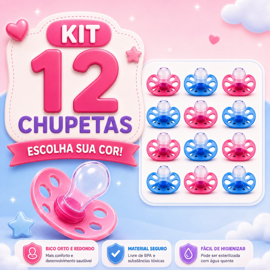 Kit 12 Chupetas Bico Ortodôntico ou Redondo Fase 2 (0122/0123)