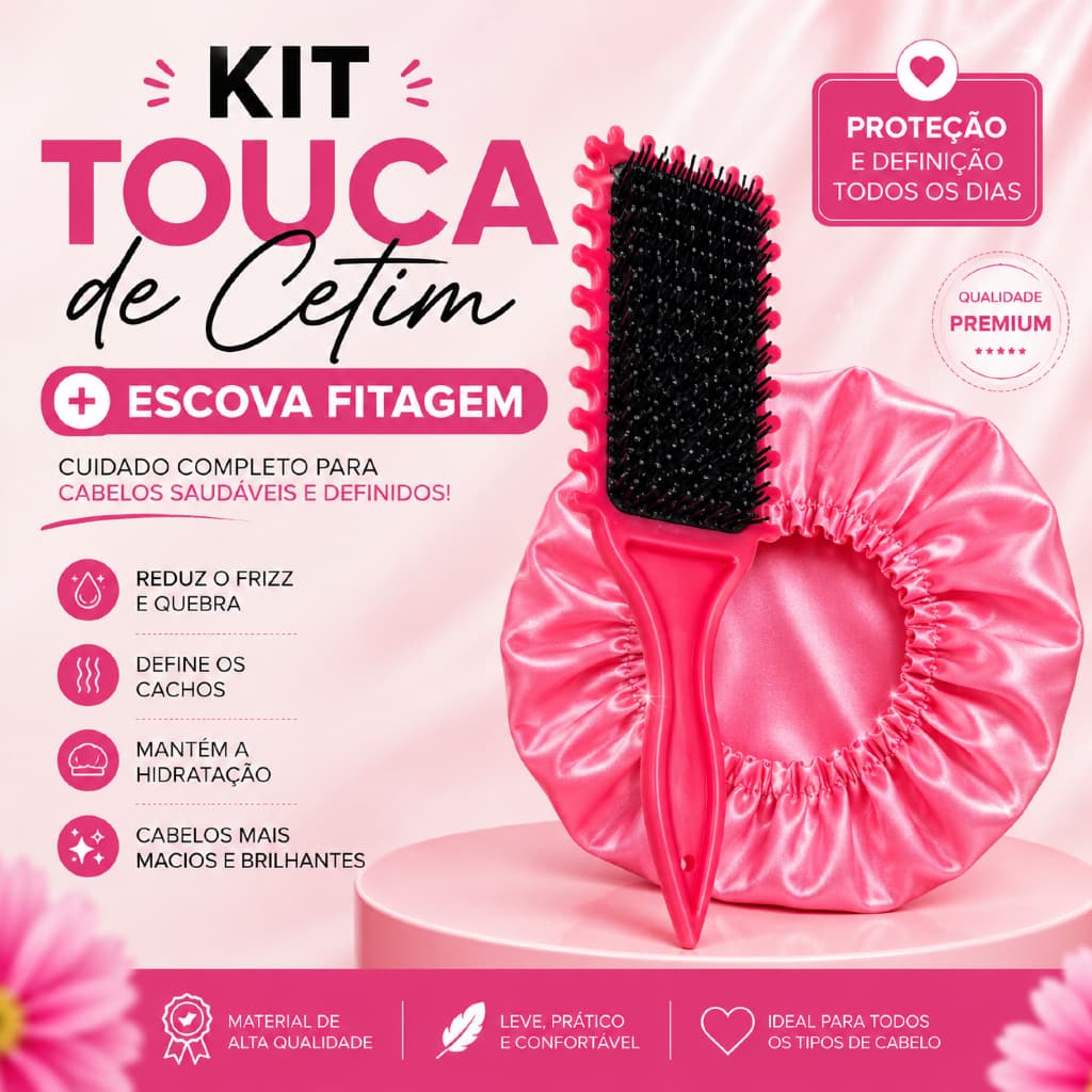 Kit Cabelo Definido – Escova de Fitagem + Touca de Cetim (Antifrizz e Proteção)