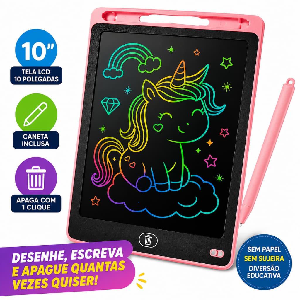Tablet de Escrita LCD Infantil 10'' Lousa Mágica Digital Para Desenhar e Escrever Com Caneta