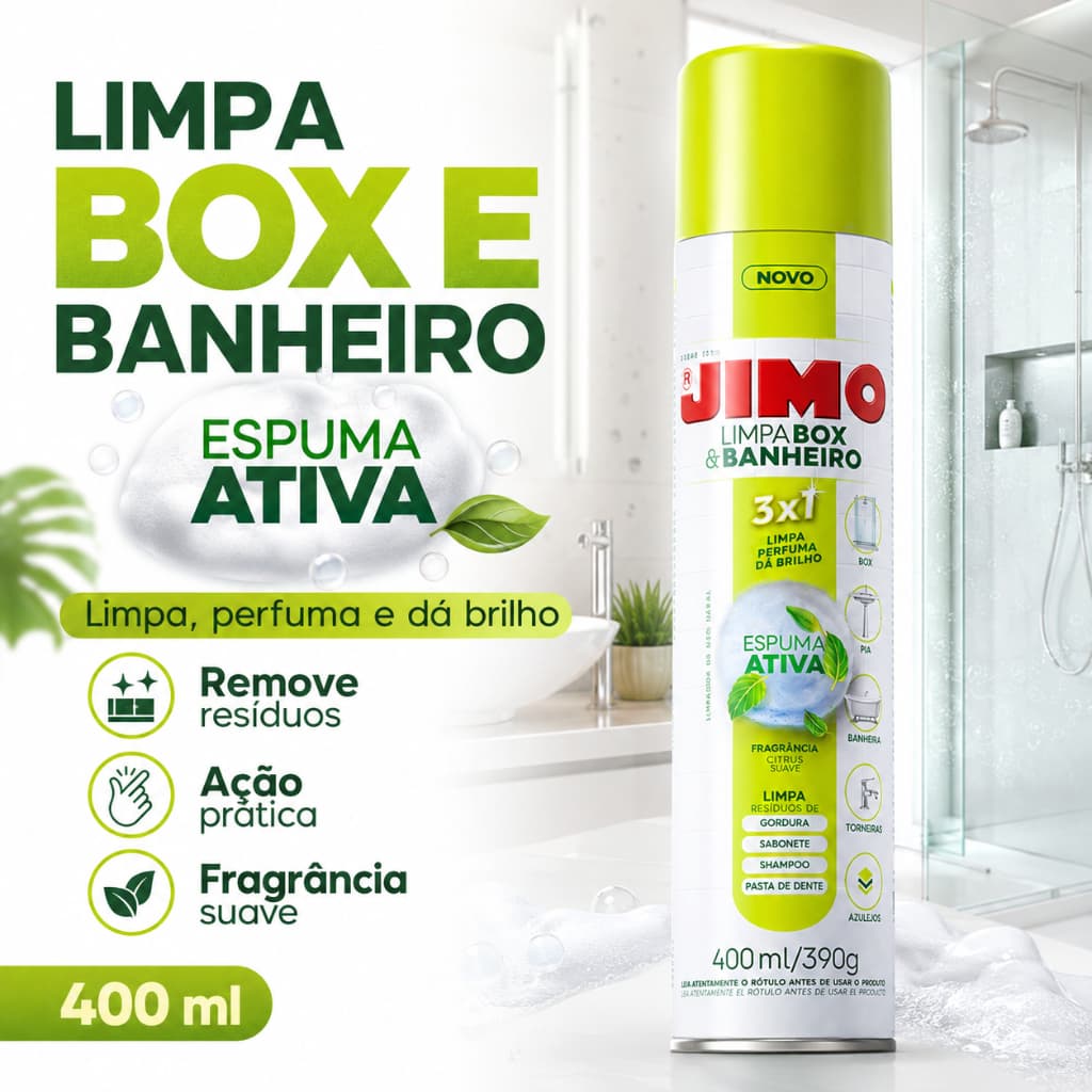Limpa Box Banheiro Vidro Spray Remove Calcário Mancha de Água e Sabão Tira Limo e Mofo JIMO 400ml
