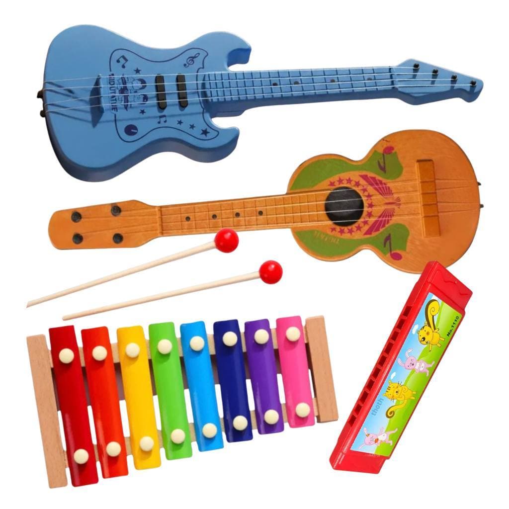 Brinquedo Educativo Pedagógico Didáticos 4 intrumentos Xilofone Viola Infantil Gaita Guitarra