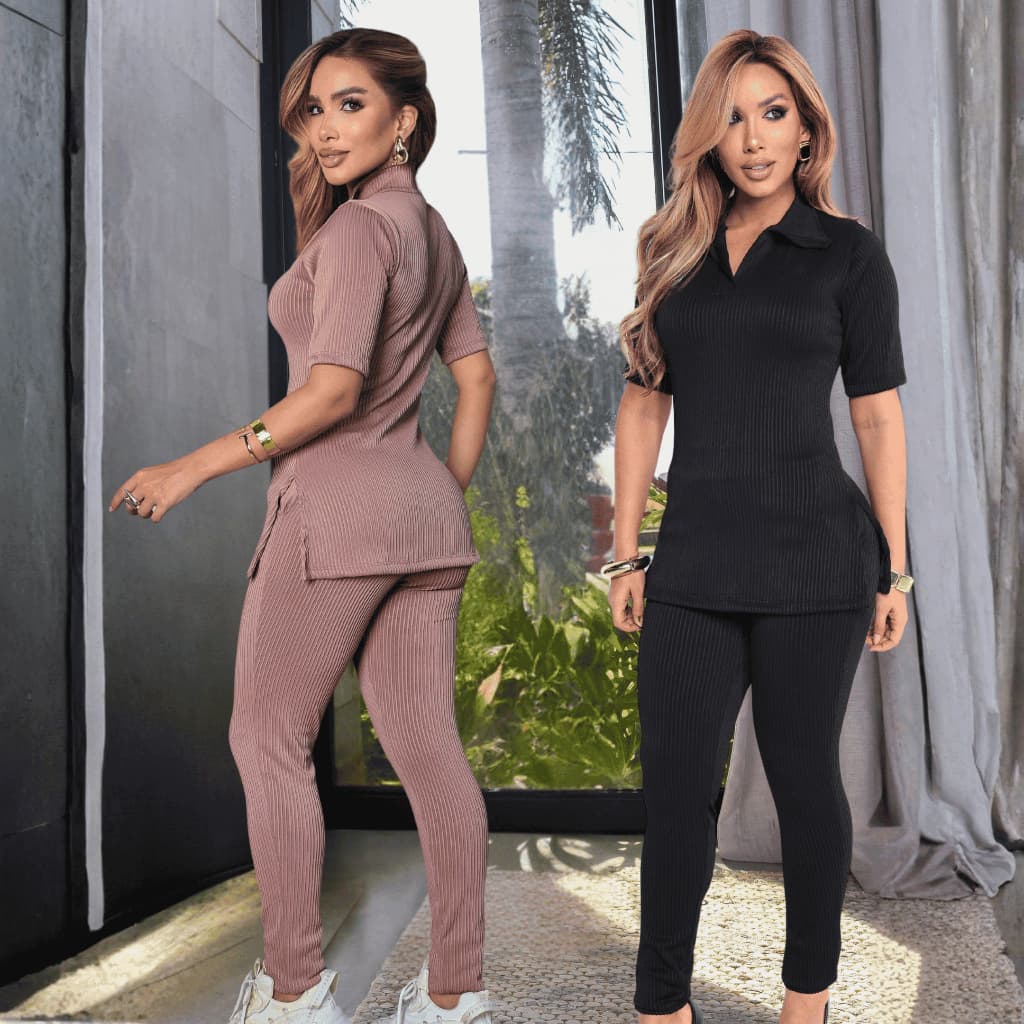 Conjunto Feminino Canelado 3D Modelagem Justa Feminino Cintura Alta Confortável Blusa Gola Polo