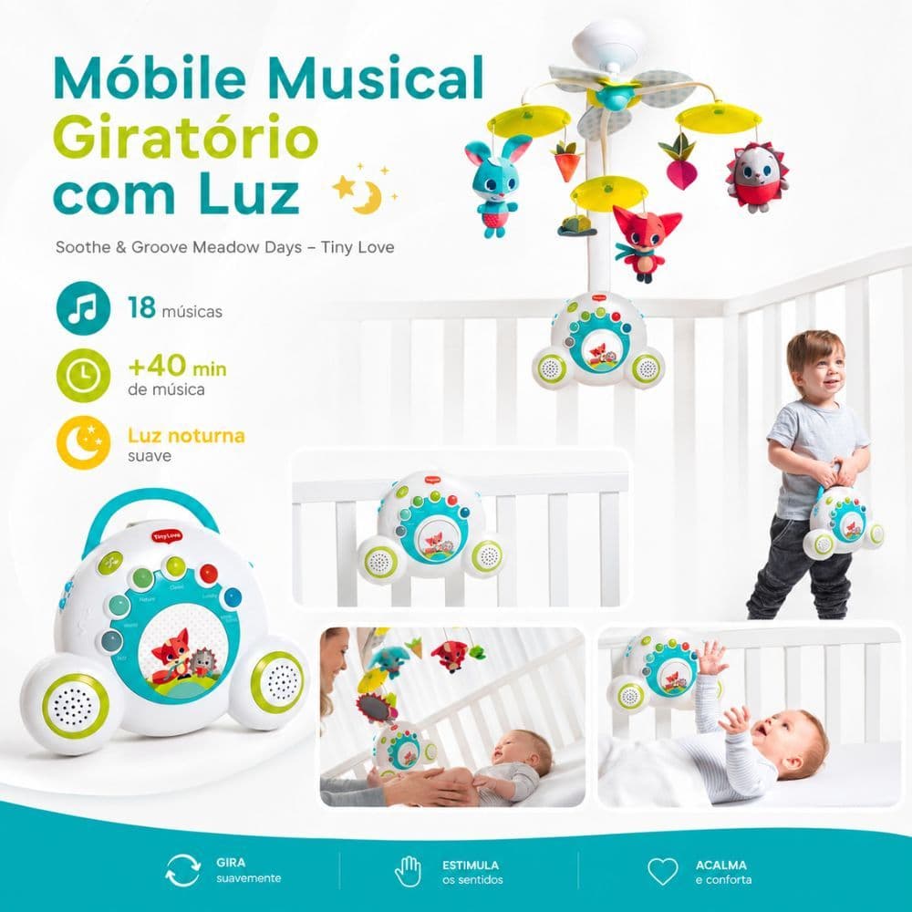 Móbile Musical Infantil Giratório Soothe Groove Meadow Days Estímulos Visuais e Sonoros Bebê Tiny Love