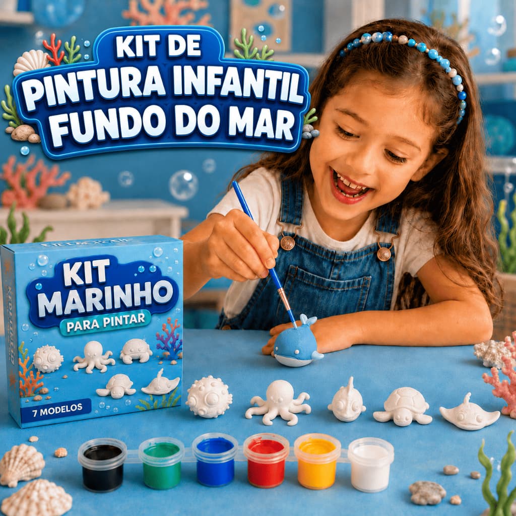 Kit Pintura Infantil Fundo do Mar | Animais para Pintar + 6 Tintas Guache e Pincel | Brinquedo Educativo