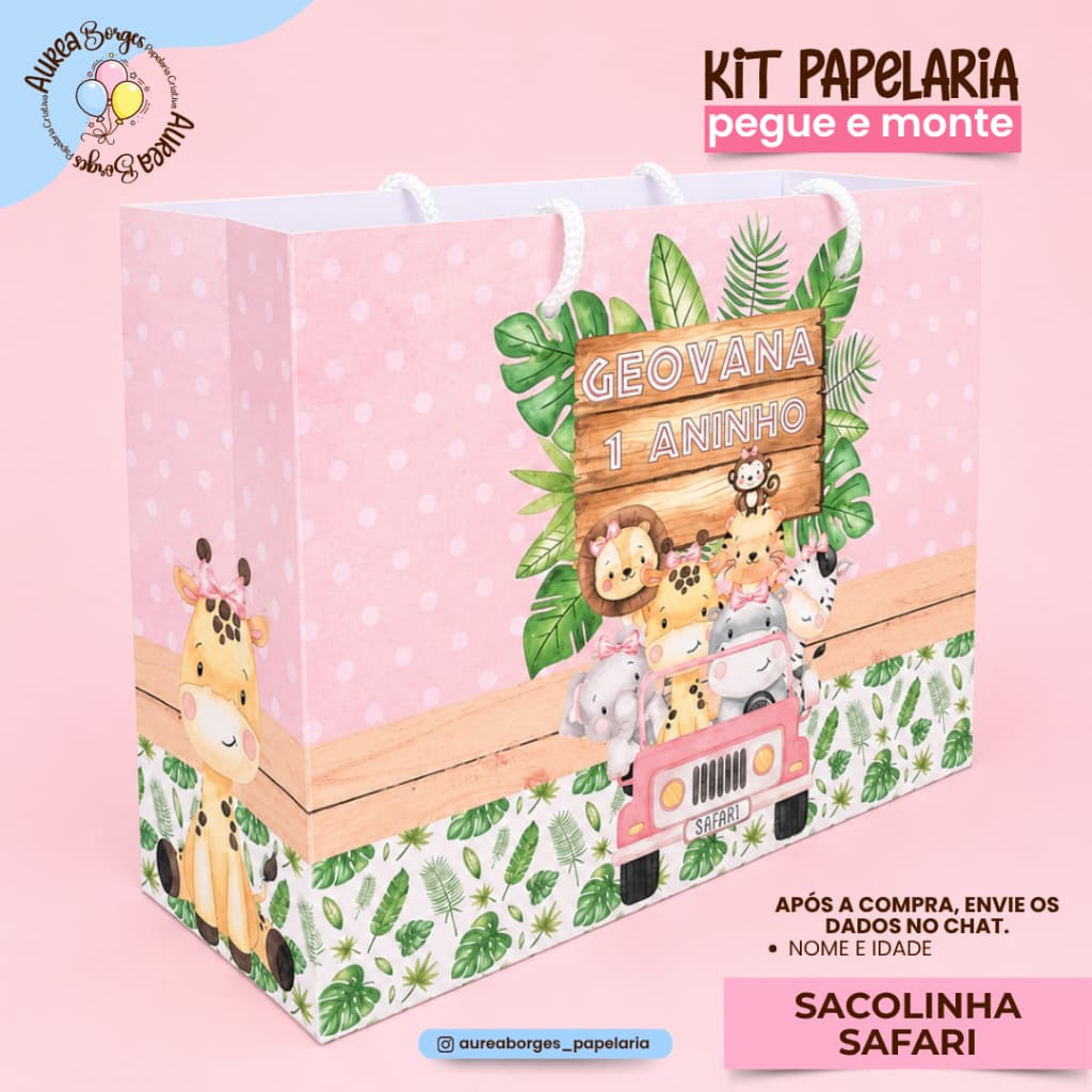 Sacolinha Personalizada Safari Rosa Papel Offset 180g 15x19,5x7cm Festa Menina