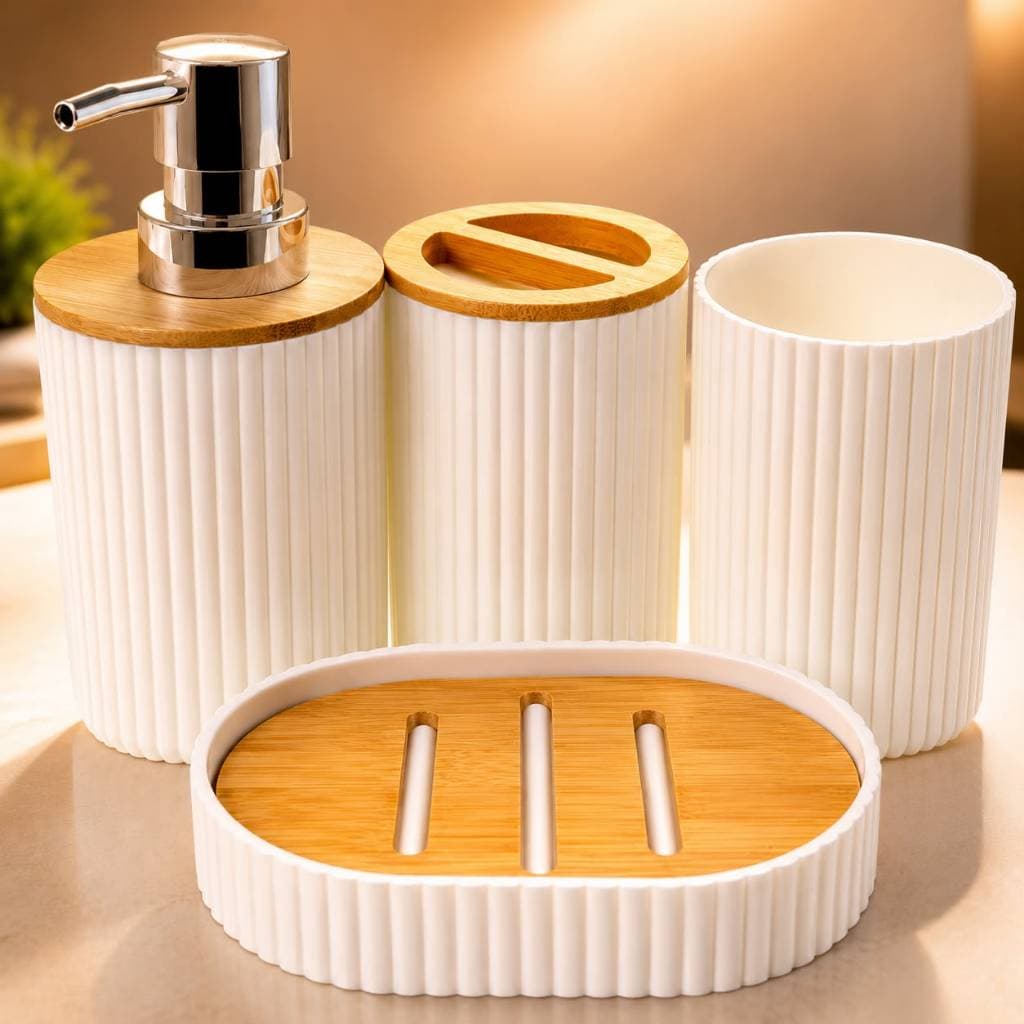 Kit 4 Peças De luxo Madeirado para Banheiros/Lavabos Com Porta Sabonete Líquido/Saboneteira/Porta Escova Cores Aleatoria