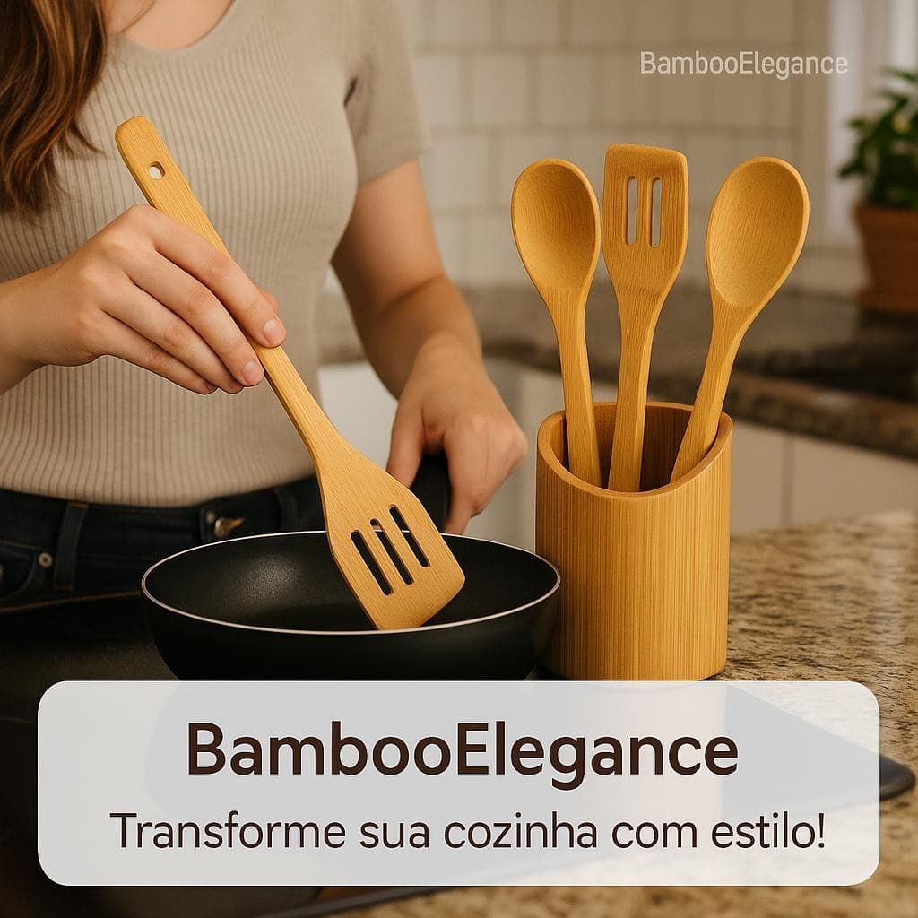 Kit Utensílios Cozinha Bambu 5 Peças Suporte Natural Elegante