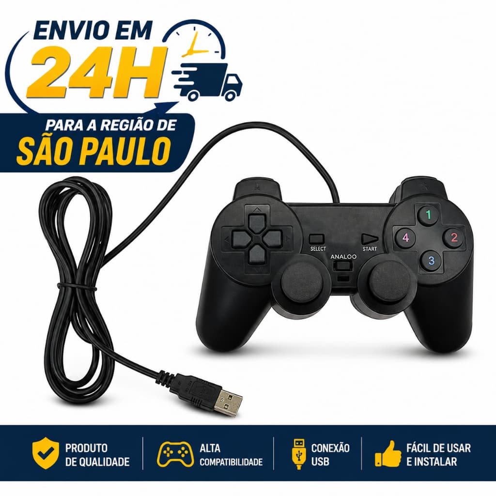 Gamepad USB Controle Joystick Analógico com Fio para Jogos no PC Computador Notebook