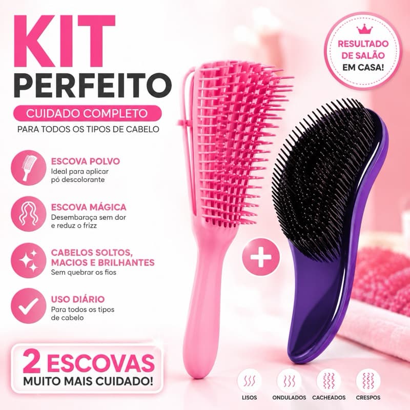 Kit Escova Polvo + Escova Mágica Desembaraçante Antifrizz para Todos os Tipos de Cabelo Profissional