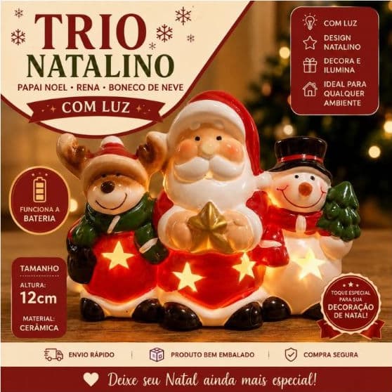 Trio Papai Noel Boneco de Neve e Rena Resina Alta Qualidade 12cm Lindo Decoração Natalina Premium Envio Rápido