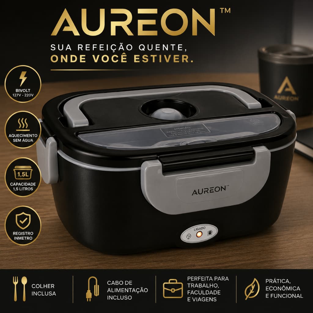 Marmita Elétrica Bivolt 1,5L Portátil Aquecimento Sem Água Aquece Refeições Aureon™