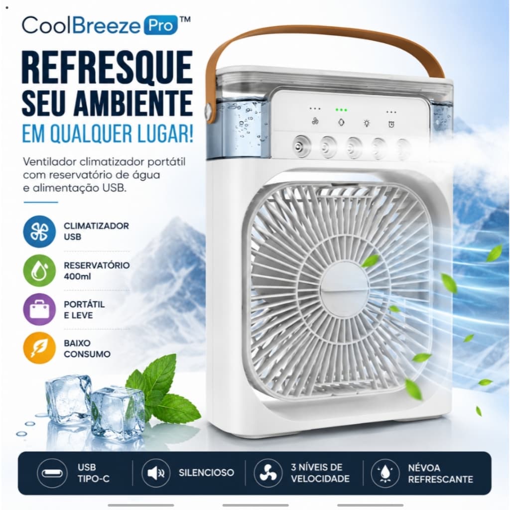 Ventilador Climatizador Portátil USB CoolBreeze Pro™ Reservatório 400ml Tipo-C Silencioso Branco