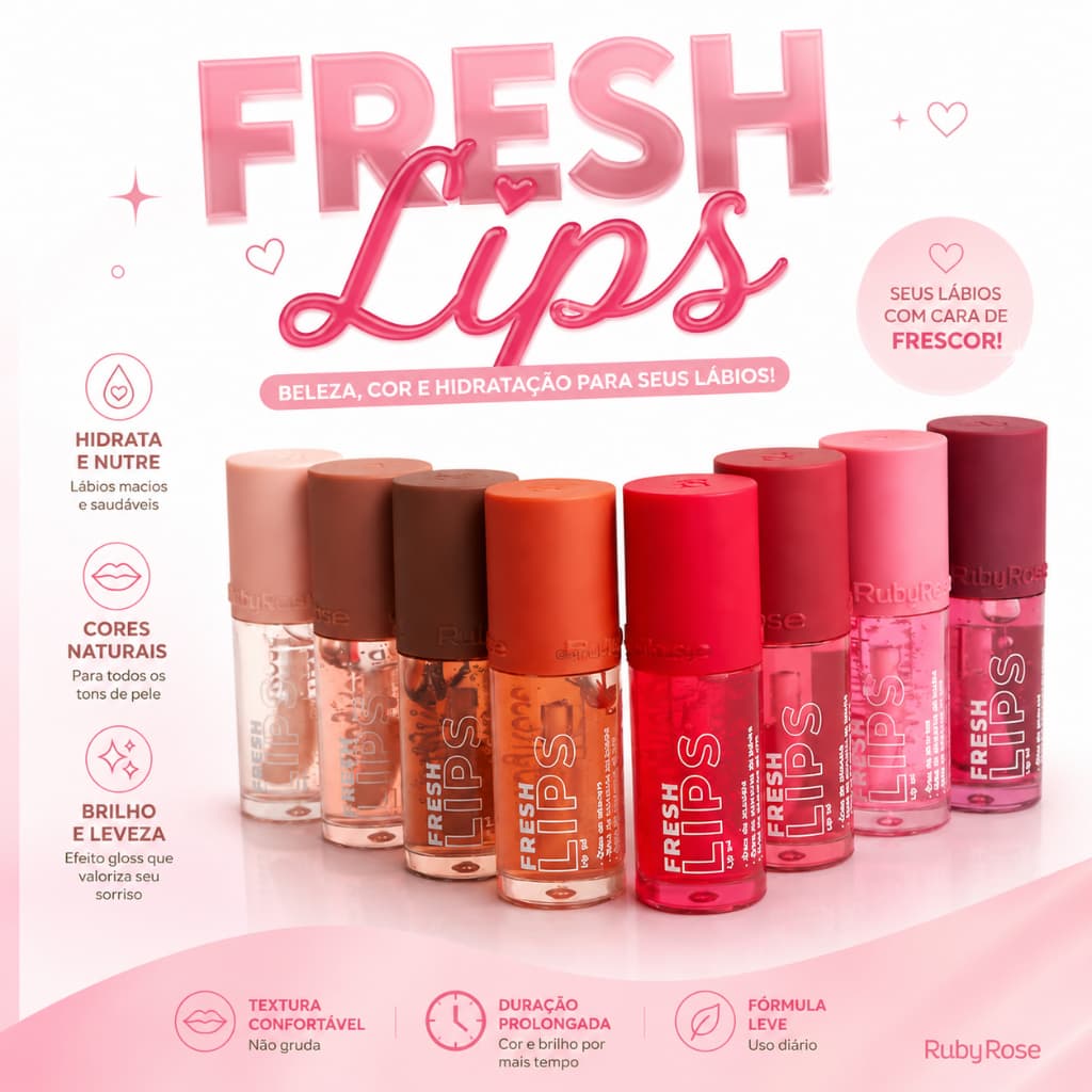 Lip Oil Gloss Fresh Lips Ruby Rose Hidratante Brilho Natural Óleo Labial Nutritivo